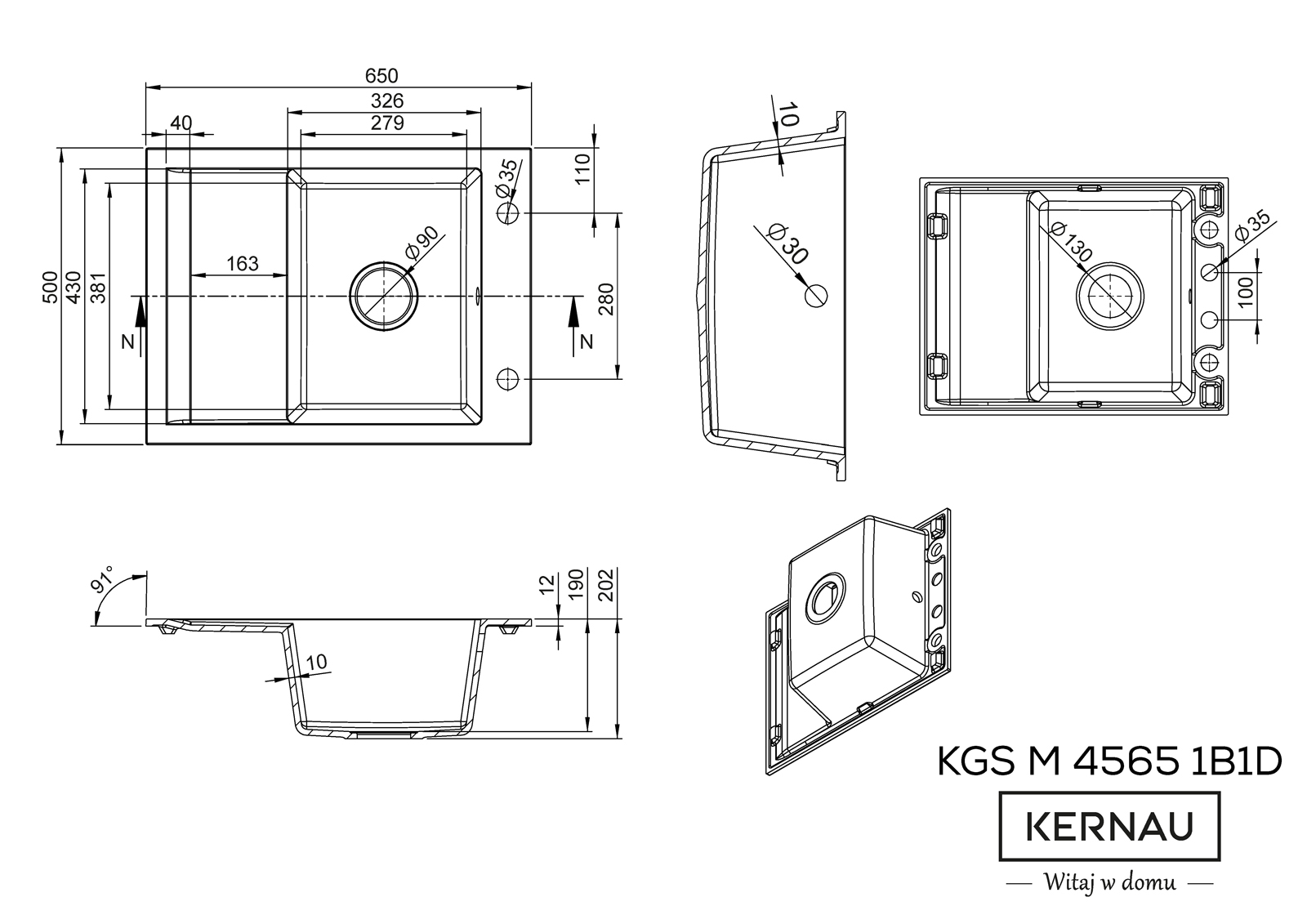 Кухонная мойка KERNAU KGS M 4565 1B1D PURE WHITE